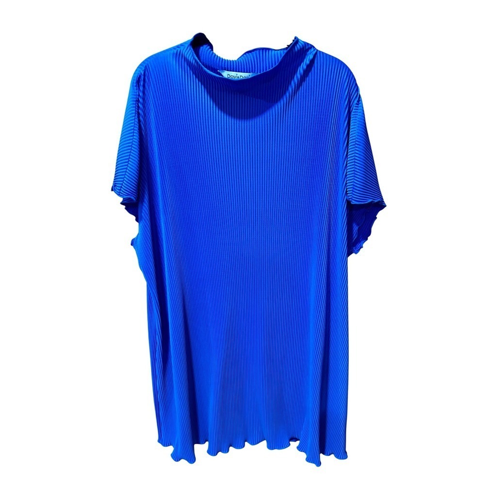 Davi & Dani Royal Blue Plisse Pleated Mock Neck Short Sleeve Blouse Top Medium